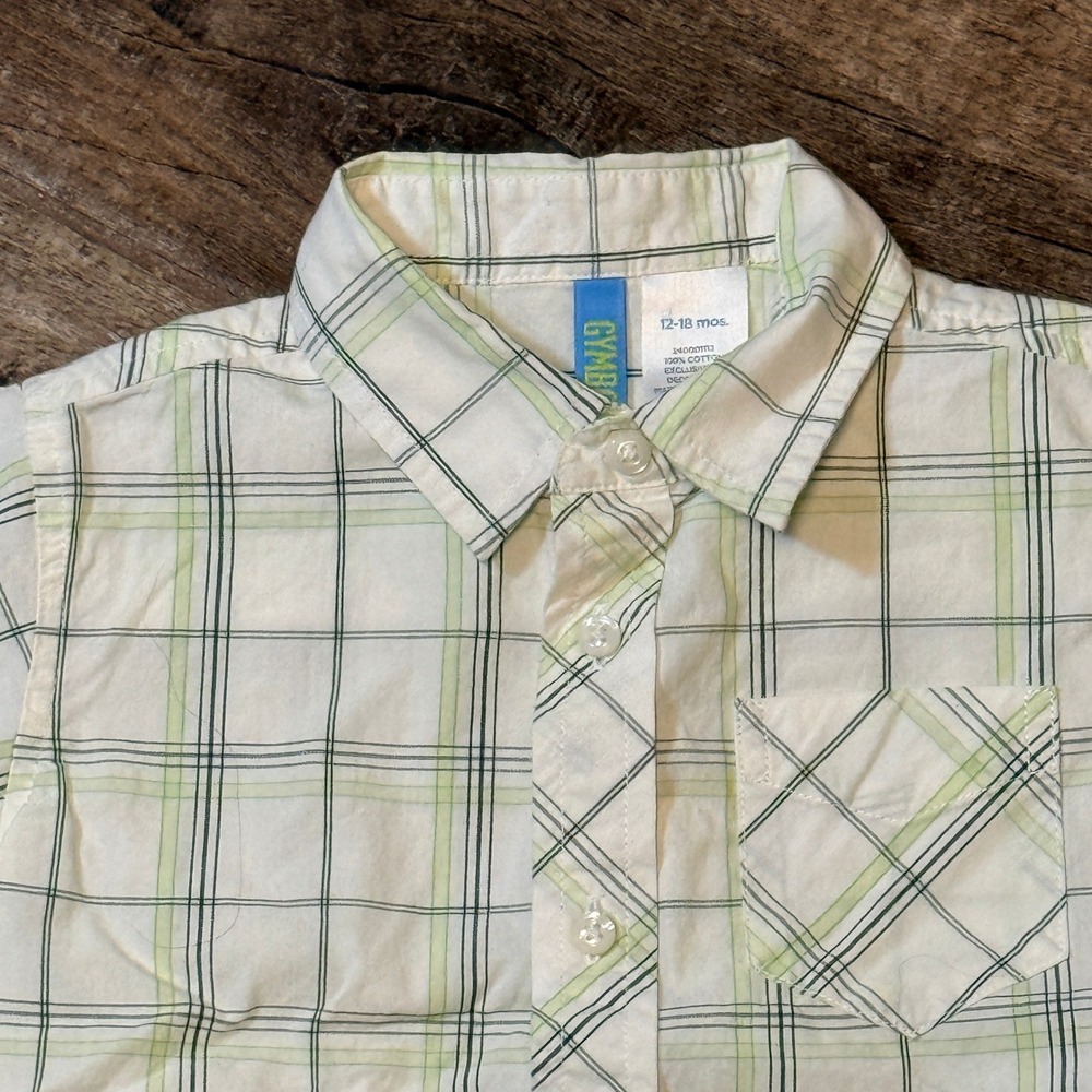 Gymboree Y2K Toddler Plaid Short Sleeve Button Down Shirt, Green White, 12-18M - Picture 3 of 4